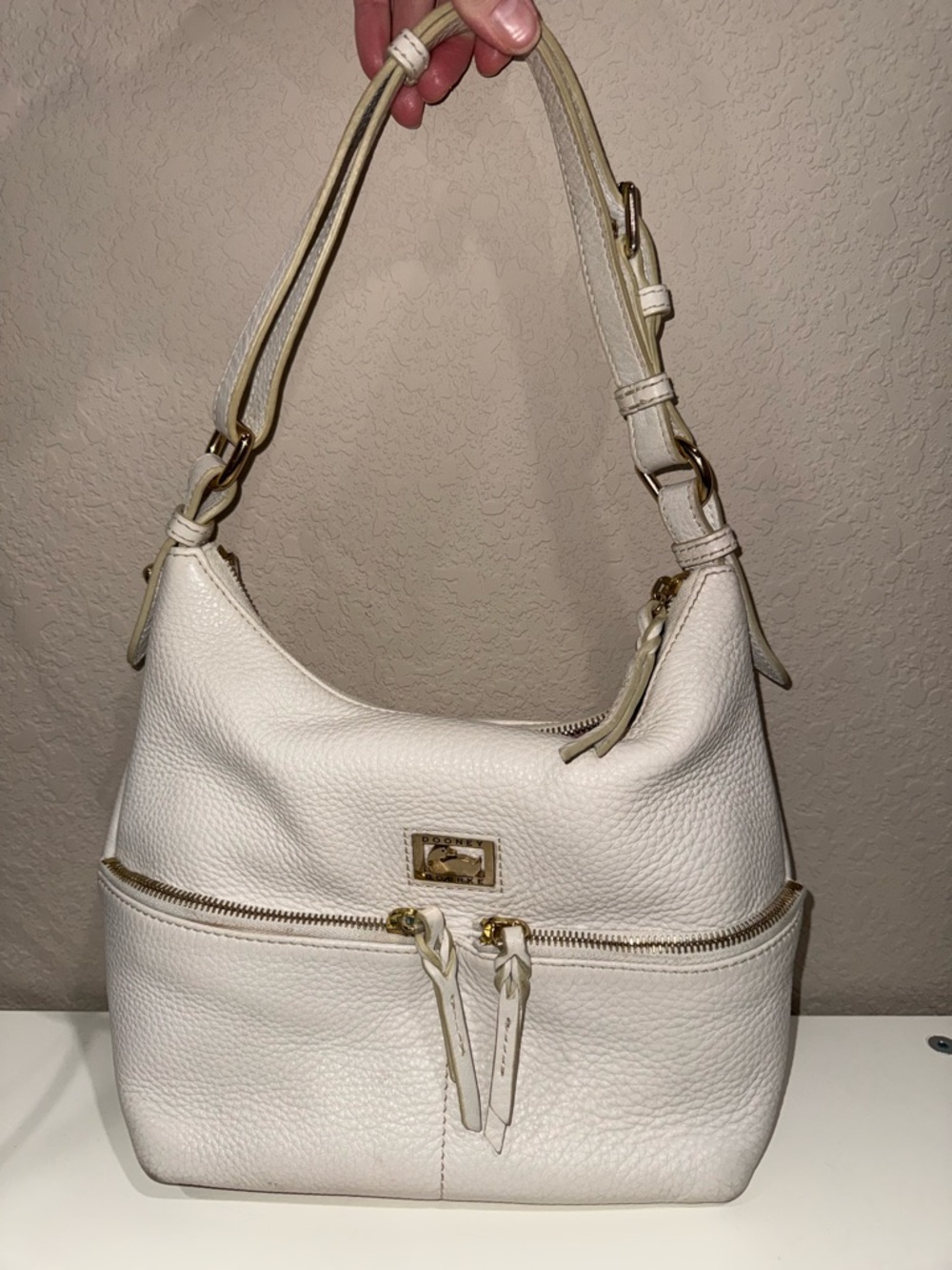 Dooney & Bourke White Pebble Leather Shoulder Bag with Gold Hardware